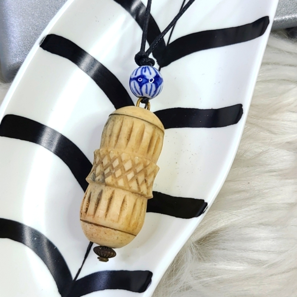 Necklace Pendant Creme Blue Vintage Carved Tibetan Bead Unisex Hippie Festival
